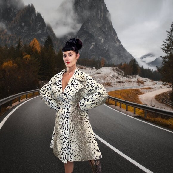50s Vintage Faux Fur Leopard Trench Coat Swing Mod MCM Rockabilly Punk Boho M L - Picture 1 of 16